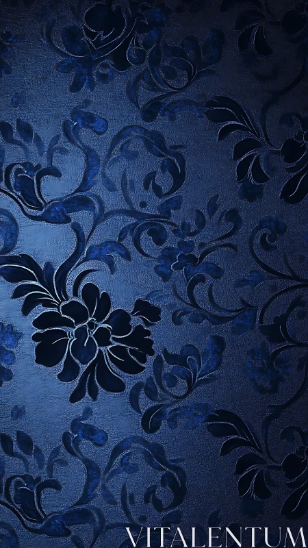 Embossed navy floral damask wallpaper with directional side lighting