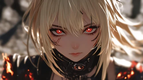 Fierce anime warrior glares ahead amid embers and ash