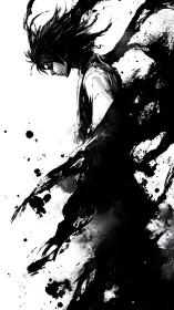 Inkborn warrior dissolves into storm of wild black splashes.