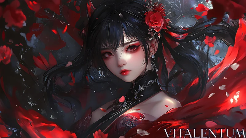 Dark-haired female figure with red petals in motion at night.