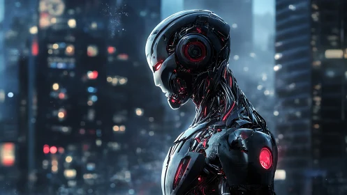 Chrome sentinel pauses, listening to a neon city breathe