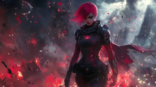 Red‑haired cyber warrior walks through burning future city.