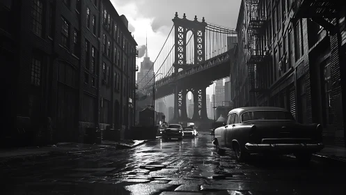 Moody vintage cars pass beneath a looming city bridge at dusk