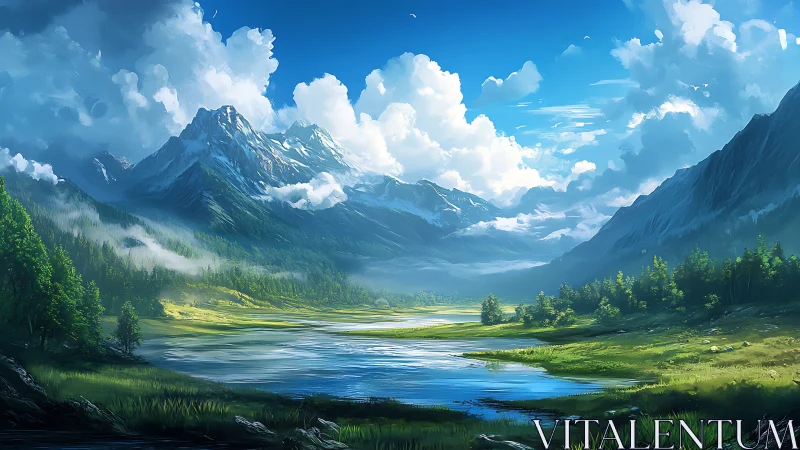 High-altitude alpine valley river under cumulus-laden sky