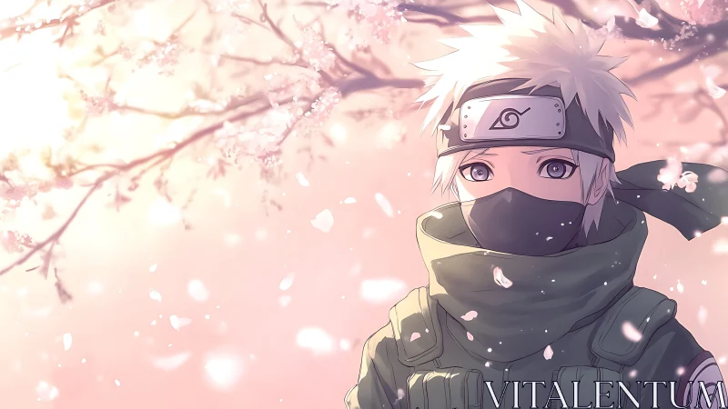 Masked silver haired ninja stands under glowing cherry blossoms
