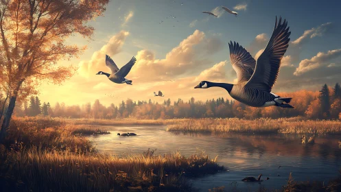 Majestic Geese Flying Over Autumn Lake at Sunset in Realistic Art.
