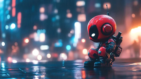 Miniature red urban mech sentinel in neon rainstorm nightscape.