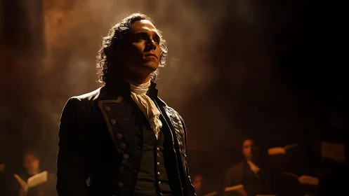 Stage-lit revolutionary figure stands in dramatic theater haze