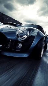 Classic blue sports car on wet road under cloudy sky.