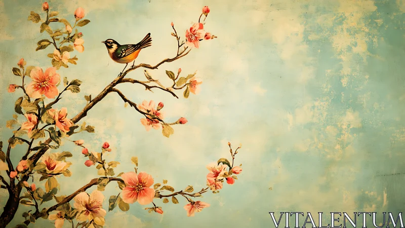 Songbird rests on blossoming branch against textured sky