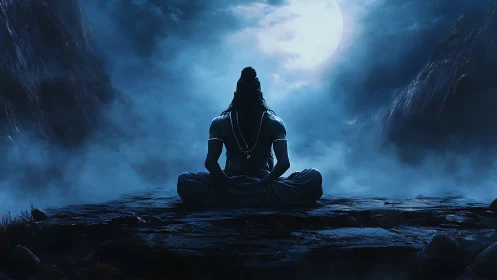 Meditating ascetic sits before luminous moonlit mountain pass