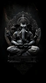 Shadowed Ganesha radiates calm in sculpted obsidian stillness.