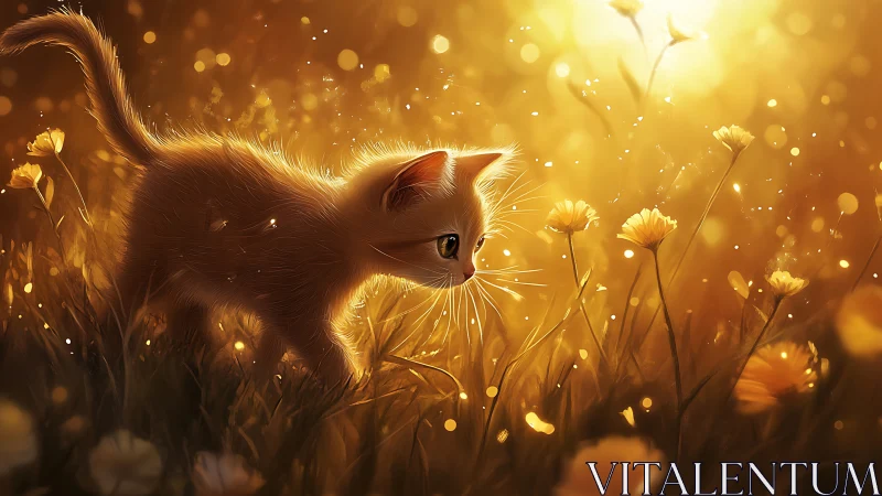 Sunlit kitten explorer in a glittering golden meadow dream.