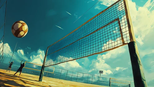 Sunlit beach volleyball game under a wide summer sky.