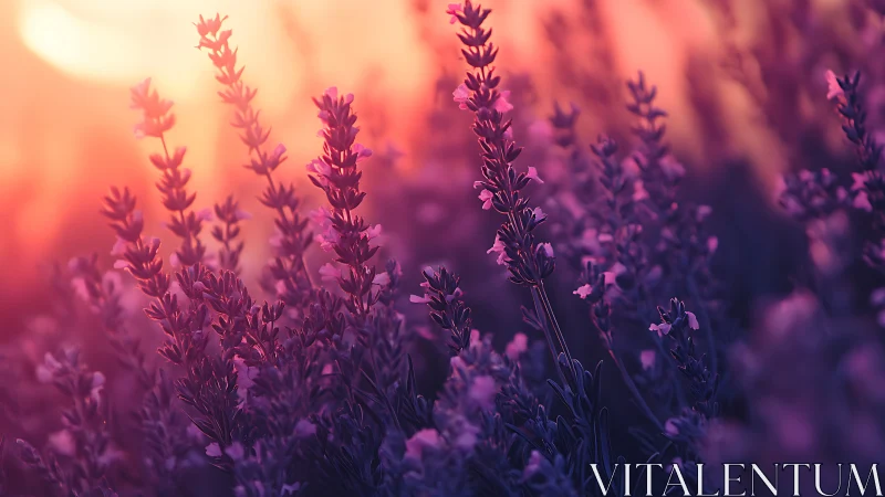Lavender field in soft purple light at warm sunset glow.