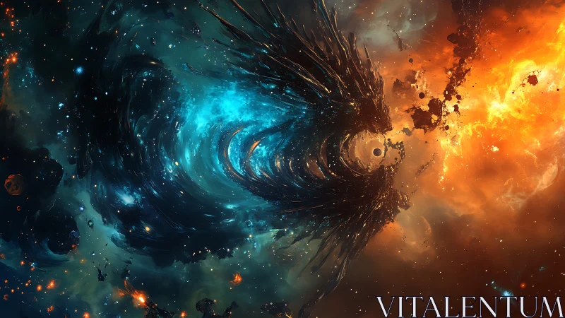 Cosmic rift dragon swirling between fire and frozen stars.