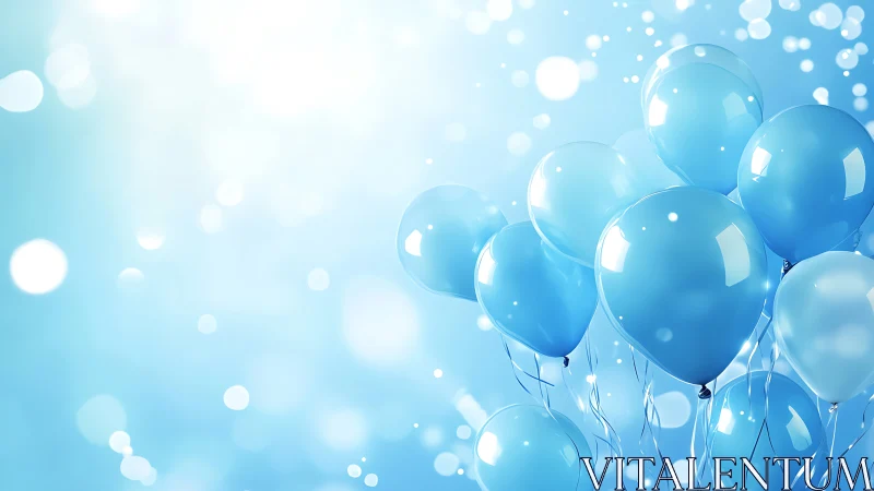 Blue balloons suspended in bokeh-filled atmospheric space