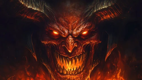 Lava-etched demonic warlord portrait with molten horns and fangs