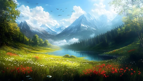 Mountain meadow breathes in color as the lake mirrors skies