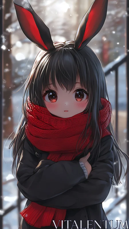 Anime girl in red scarf with bunny ears in winter scene.