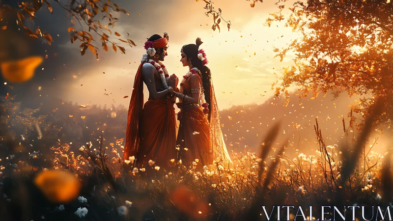 Divine lovers stand in golden meadow under glowing dusk sky.