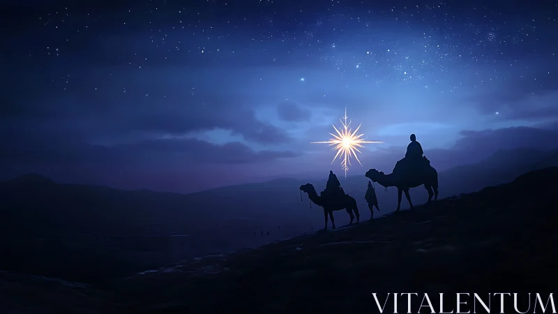 Silhouetted riders and camels under bright star at night.