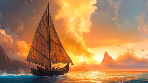 Sailing ship cuts horizon under blazing sunset clouds.