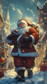 Jolly Santa striding through glowing snowy village street.