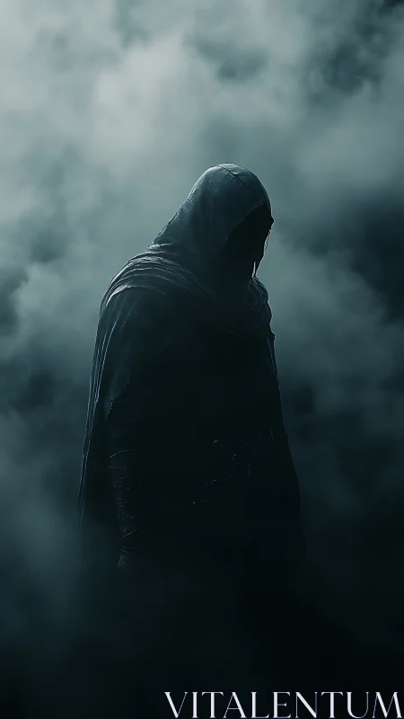 Shrouded hooded figure emerging through cinematic fog.