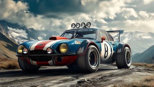 Rally-spec retro race car rendered in hyperreal mountain scene