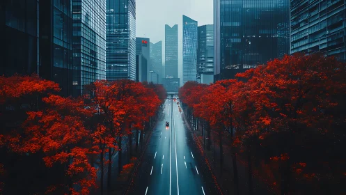 Urban boulevard with neon red foliage and glass towers.