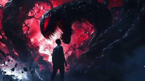 Shadow boy bargains with a red void and its monstrous grin