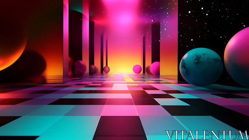 Geometric corridor shows reflective columns and colored spheres