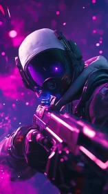 Neon void ranger aims through cosmic magenta gunfire haze.