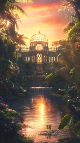 Sunlit glasshouse cathedral cradled in a dreaming jungle.