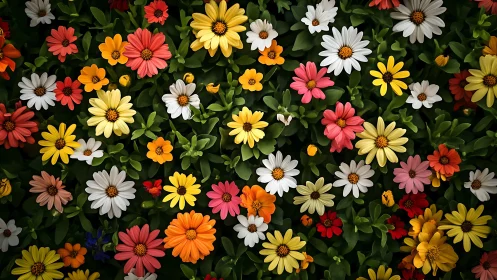 Colorful daisy flowers in vibrant garden arrangement viewed from above