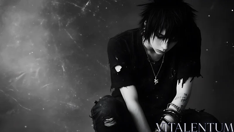 Monochrome emo portrait isolates a brooding figure in void