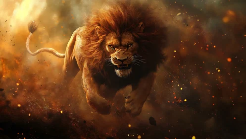 Lion charges forward through dense fiery embers and smoke