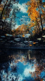 Autumn forest reflects in tranquil blue woodland pond.