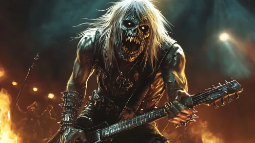 Demonic metal guitarist shreds under blazing stage lights.