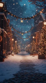 Snow-laden street illuminated by dense warm-tone festive lighting