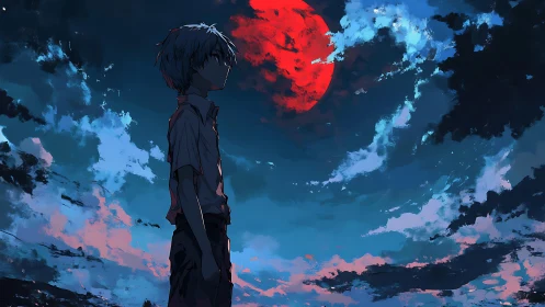 Quiet boy beneath a glowing red moonlit twilight sky.