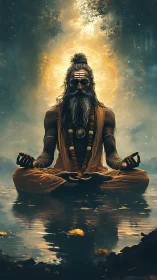 Mystic yogi meditates over reflective water in haloed light