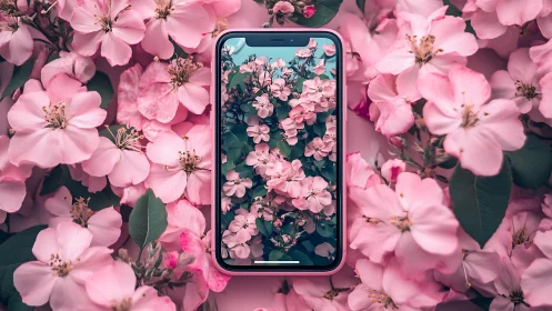 Smartphone Displaying Pink Floral Wallpaper Positioned Centrally Among Blooming Flowers