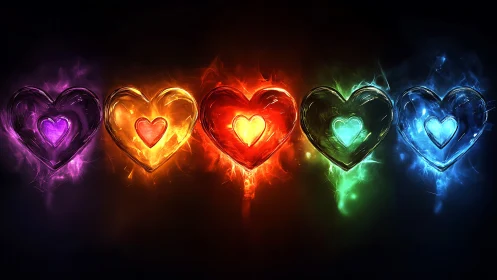 Five luminescent heart forms arranged horizontally with varied spectral colorization