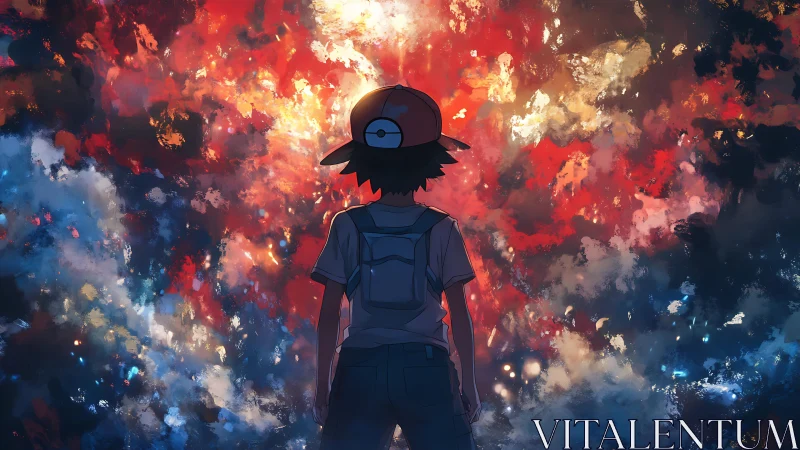 Young trainer stands beneath a blazing cosmic sky of wonder