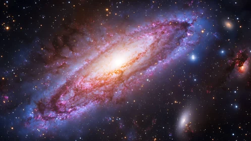 Spiral galaxy core with ionized nebulae and dense starfield rendered