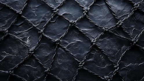 Close-up of Dark Fishing Net on Textured Stone Background.