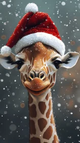 Giraffe wearing red Santa hat in light falling snow.