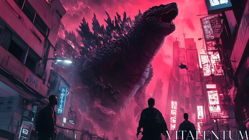 Colossal kaiju towers over neon city under crimson sky.